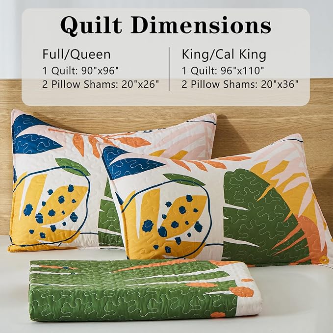 Yogeneg Queen Quilt Bedding Set,Green Yellow Botanical Pattern White Full/Queen Quilt Set,3 Piece Lightweight Soft Summer Bedspread Coverlet with 2 PIillow Shams,All Season(White,90"x96")
