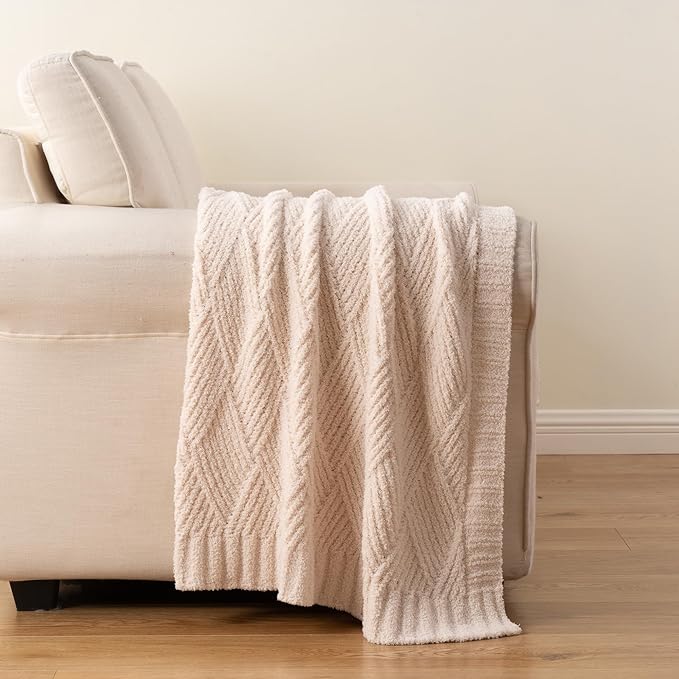 Battilo White Diamond Knit Throw Blanket for Couch and Bed, Ivory Soft Textured Chenille Blanket, Cozy Lightweight Decorative Blanket for Sofa, 50"x60"