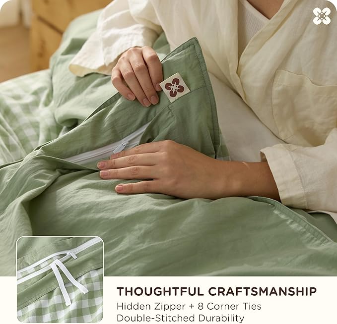 Bedsure Gingham Duvet Cover Queen Size,100% Washed Cotton Duvet Cover Linen Like Textured, Classic Yarn-Dyed Checkered Pattern Enhances Bedroom Comfort and Style, Gingham Sage Green, 90"x90"