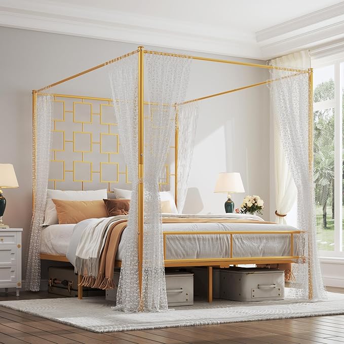 Modern Queen Canopy Bed Sturdy Metal Slats Easy Assembly – 1000lbs Capacity, Ideal for Small Spaces & Rentals, No Box Spring Needed