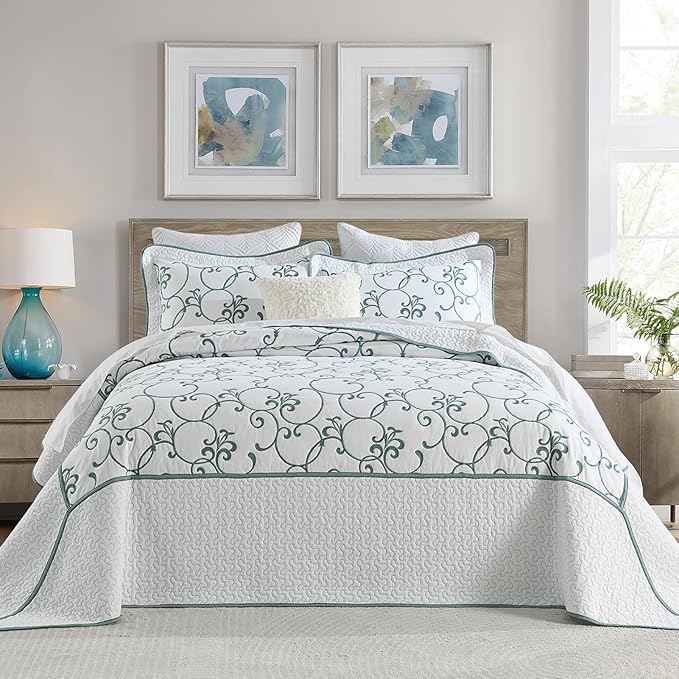 Oversized King Bedspread 120"x120" - 100% Cotton California King Quilt, Embroidered Bedspread Coverlet with Pillow Shams, Lightweight Quilted Bedding Set 3 Piece, Aqua Blue/White