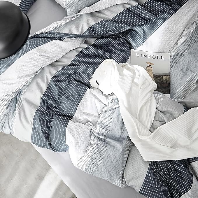 LifeTB Striped Comforter Set King Size, Blue Grey Stripes Pattern Printed Bedding Set, 3 Pieces Lightweight Bedding Comforter Set, Stripe Soft Fluffy Bed Set King Comforter with 2 Pillowcases