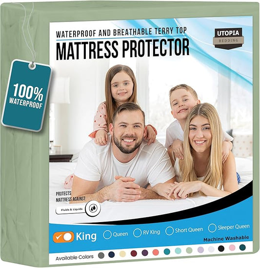 Utopia Bedding Waterproof Mattress Protector King Size, Premium 200 GSM Terry Mattress Cover, Soft & Breathable Bed Cover, Fitted Sheet Style with Stretchable Deep Pockets 17" (Sage)