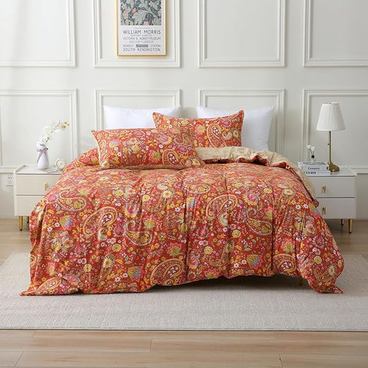 ABREEZE Paisley Bedding Sets 3Pcs Brushed Cotton Duvet Cover Set Twin Size Rustic Damask Red Floral Comforter Cover with Zipper Closure Boho Bedding Collections