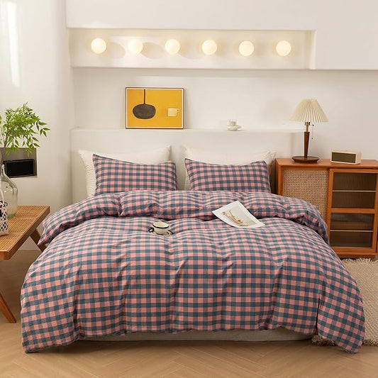 ECOCOTT Duvet Cover California King Size, 100% Washed Cotton Linen-Like Soft & Breathable, Durable Comfy Bedding Set for All Seasons, Purple Pink Plaid