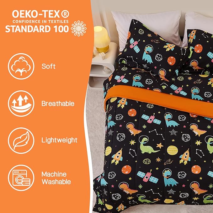 Yibeizi Space Dinosaur Kids Comforter Set for Boys Full Size, Cute Quilted Black Printed Bedding Set with Pillow Sham, Lightweight Soft Breathable Washable Bed Set 3 Piece