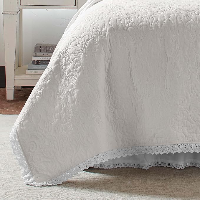 Laura Ashley - Twin Quilt Set, Reversible Cotton Bedding with Matching Sham, Pre-Washed Home Decor for Added Softness (Heirloom Crochet White, Twin)