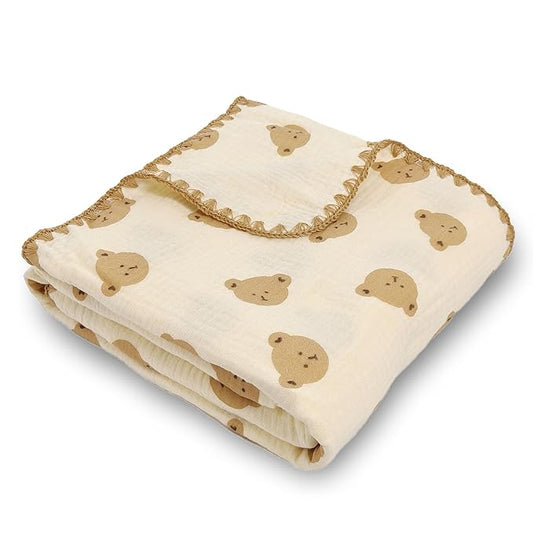 Double Layered 100% Cotton Muslin Baby Blanket Ultra-Soft 40x40 Inch Swaddling Nursery Crib Blanket(Cute Bear)