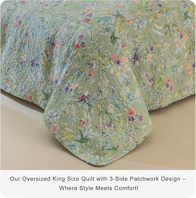 QSH 100% Cotton Quilt Oversized King Set (118"x106")-3Pcs Green Floral Quilt California King Summer Flower Bird Butterfly Printed Bedspread Coverlet Soft Lightweight Bedding Set for All Seasons
