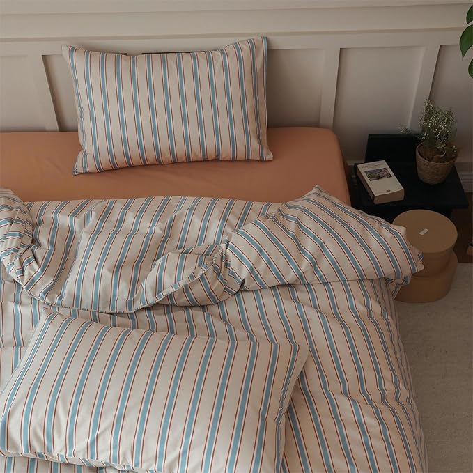 Striped Comforter Set King Size, 3 Pieces Lightweight Striped Bedding Comforter Set, Fluffy Soft Blue Brown Stripes Pattern Printed Bedding Set, Breathable King Size Comforter with 2 Pillowcases