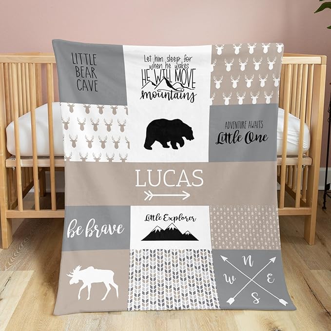 Personalized Baby Blanket for Boys Super Soft Double Layer with Dotted Backing, Lovely Woodland Animal Design Blanket for Toddler Newborn, Polyester, Mocha Meringue, 35 x 45 Inch