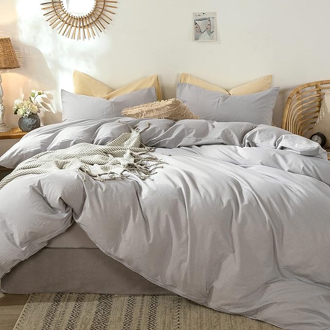 MooMee Bedding Duvet Cover Set 100% Washed Cotton Linen Like Textured Breathable Durable Soft Comfy (Lavender Grey, King)