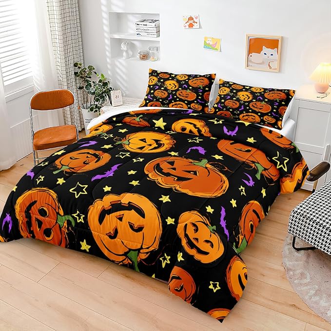 Bedbay Pumpkin Halloween Comforter Set Queen Size Black and Gold Bedding Set Cartoon Pumpkin Festival Themed 4 Pcs Comforter Set Halloween Decorations (Orange,Queen)