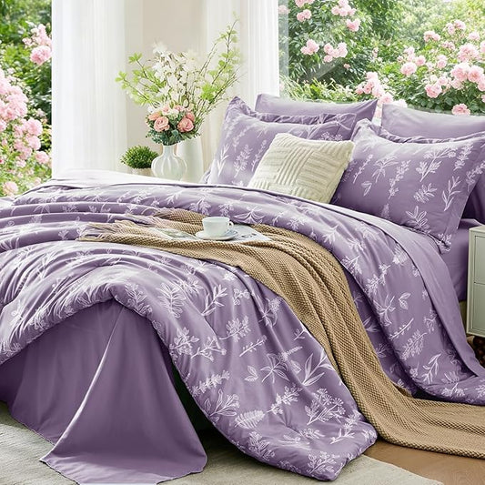 MUXHOMO Grayish Purple Full Comforter Set, Elegant Floral Print Bed in a Bag 7 Pieces, Ultra Soft & Breathable Reversible Botanical Pattern Bedding Set with Comforter, Sheets, Pillowcases, and Shams