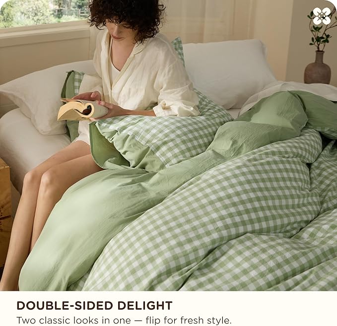 Bedsure Gingham Duvet Cover Queen Size,100% Washed Cotton Duvet Cover Linen Like Textured, Classic Yarn-Dyed Checkered Pattern Enhances Bedroom Comfort and Style, Gingham Sage Green, 90"x90"