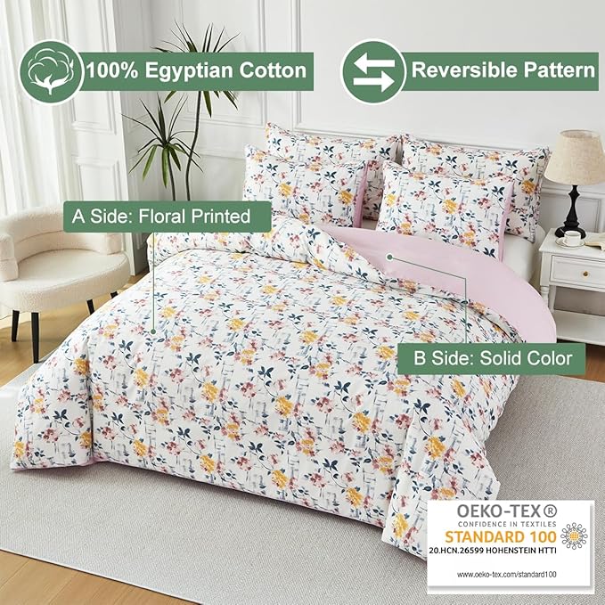 URBONUR Garden Floral Duvet Cover Set 100% Egyptian Cotton Silky Sateen Smooth Breathable Durable Soft Bedding Sets Purple Yellow Flowers Printed on White (3Pcs Full, 80''x90'')