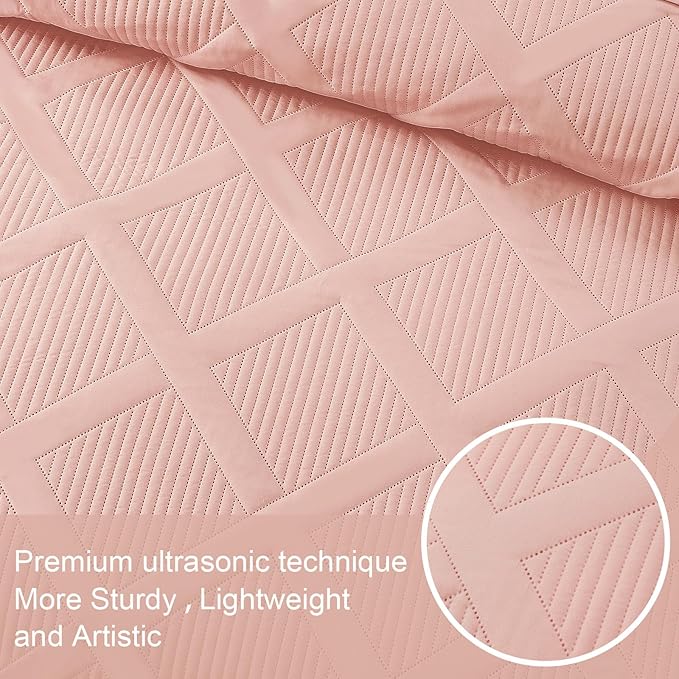Exclusivo Mezcla Quilts Queen Size - Blush Pink Quilt Set Bedspread with 2 Pillow Shams, Modern Bedding Set with Striped Pattern, Soft Lightweight Bedspreads Queen Size for All Seasons