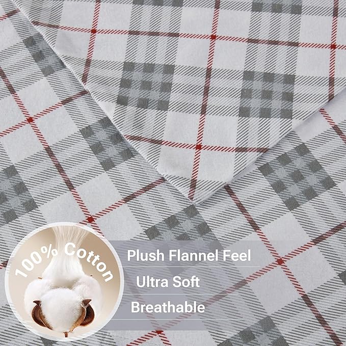 True North by Sleep Philosophy Cozy Flannel Warm 100% Cotton Sheet - Novelty Print Animals Stars Cute Ultra Soft Cold Weather Bedding Set, Twin, Red Plaid 3 Piece