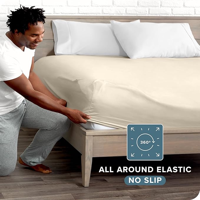 Bare Home Fitted Bottom Sheet Twin Size - Premium 1800 Microfiber - Ultra-Soft Hotel Luxury - Deep Pocket - Durable and Long Lasting (Twin, Sand)