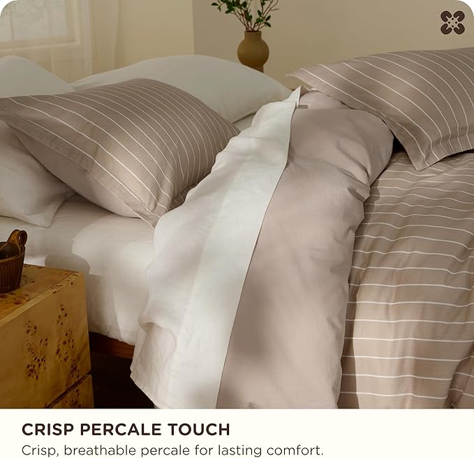 Bedsure Striped Duvet Cover King Size,100% Washed Cotton Duvet Cover Linen Like Textured, Classic Striped Pattern Enhances Bedroom Comfort and Style, Stripes Tan/White, 104"x90"
