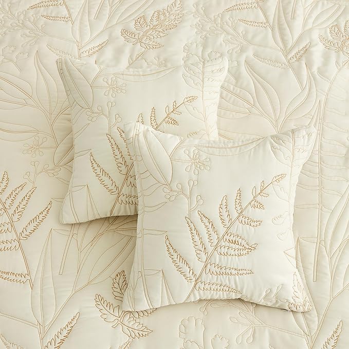 Botanical Bedspread Full Size - Leaves Pattern Stitching Quilt Set - Elegant & Fresh Style Bedding Coverlets, Reversible, Lightweight, 5 Piece, Ivory