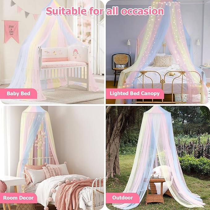 Bed Canopy with Lights, Bed Canopy for Girls Princess with Luminous Stars, Canopy Bed Curtains for Twin to King Size Bed, Baby Kids Adult Indoor Decor Bedroom Reading Nook Outdoor Camping, Rainbow