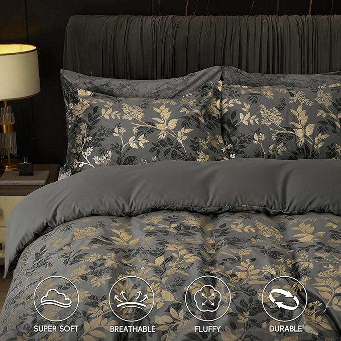 PHF Truly Velvet Duvet Cover Set King Size, 3pcs Leaves Print Ultra Soft Breathable Comforter Cover Set, Luxury Cozy Flannel Duvet Cover with Pillow Shams Bedding Collection, 104" x 90", Grey and Gold