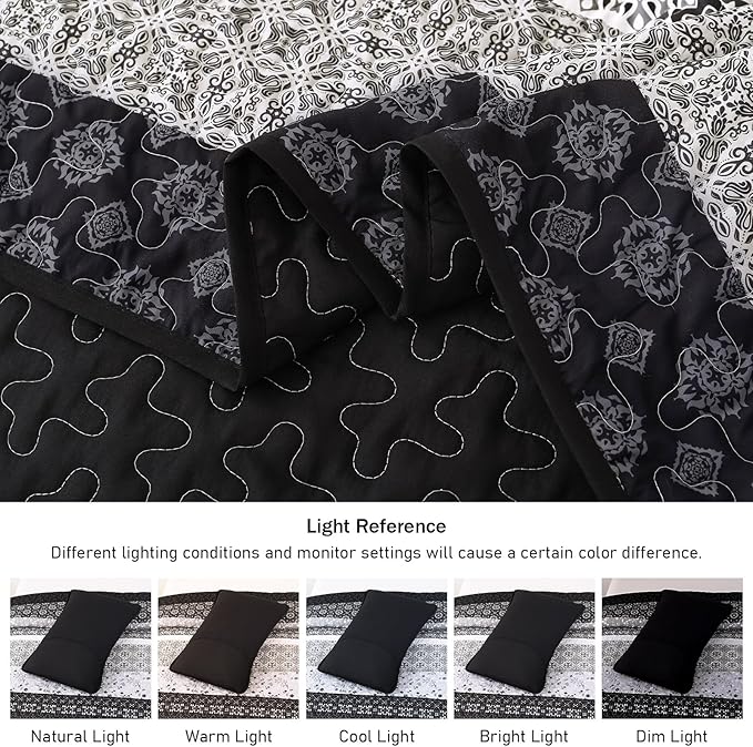 WONGS BEDDING Boho Quilt Set Queen Size,Black Bohemian Striped Patchwork Bedspread Set,3 Pieces Microfiber Bedding Set for All Seasons (96"x90")