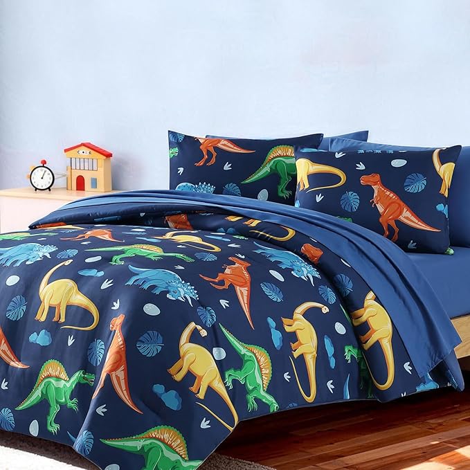 Twin Comforter Set for Boys-5 Pieces Navy Dinosaur Twin Bedding Sets for Kids, Ultra Soft Bed in A Bag with Sheets