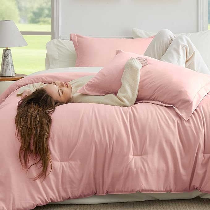 Bedsure King Size Comforter Set - 7 Pieces Pink King Bedding Set for All Seasons, Boho Contrasting Design Bed in a Bag with Comforter, Sheets, Pillowcases & Shams