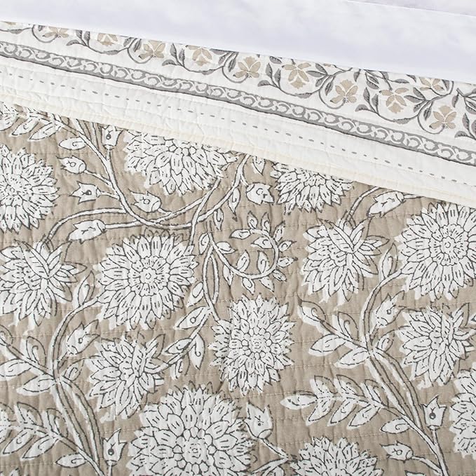 Levtex Home – Adare Taupe Bedspread Set – Full Bedspread (96x106in.) and 2 Standard Shams (20x26in.) – Floral Botanical Design – Taupe and White – Reversible – Cotton