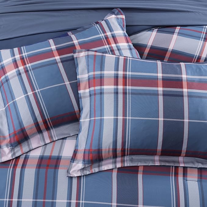 Plaid Full Size Comforter Set Navy Red, Bedding Set 7 Pieces for Boys Girls Teen, Lightweight Bed in a Bag for Dorm with Sheets, Pillowcases & Shams