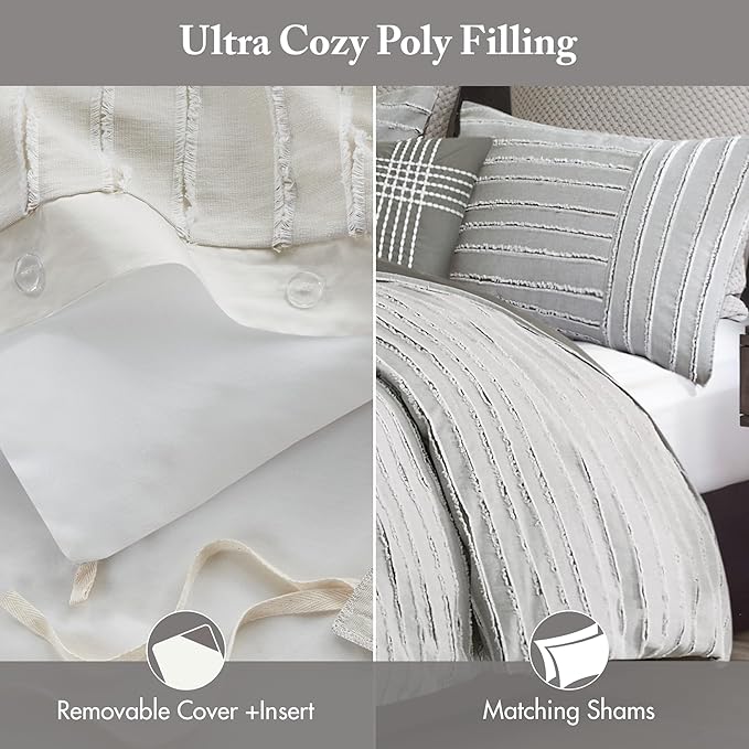 Madison Park Queen Comforter Set, Removable 100% Cotton Duvet Cover Queen Size with Insert, Farmhouse Bedding, Textured Stripe Clipped Jacquard Accent, Queen, Grey 8 Piece