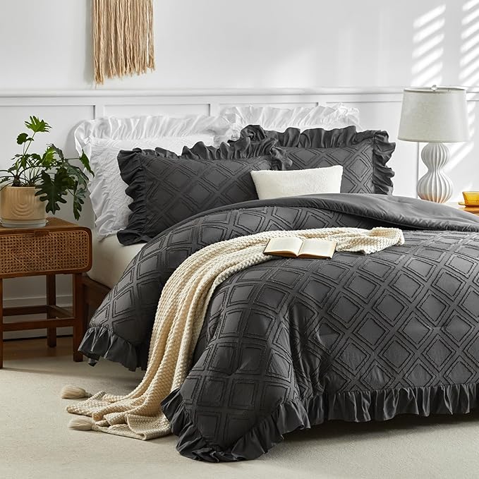 Flysheep Tufted Grids Ruffle Comforter Set Twin Size, 3 Pieces Dark Grey Vintage Farmhouse Shabby Chic Comforters, Jacquard Boho Bohemian Bedding Set for Kids (1 Ruffled Comforter+ 2 Pillow Shams)