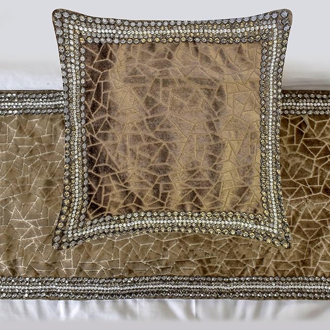 The HomeCentric King/Queen/Twin Brown Decorative Bed Runner CA King 86"x18" Bed Runner with Two Pillow Cover, Border, Crystal, Cut Velvet, Mosiac Pattern Bed Scarf on Velvet - Velvet Fusion