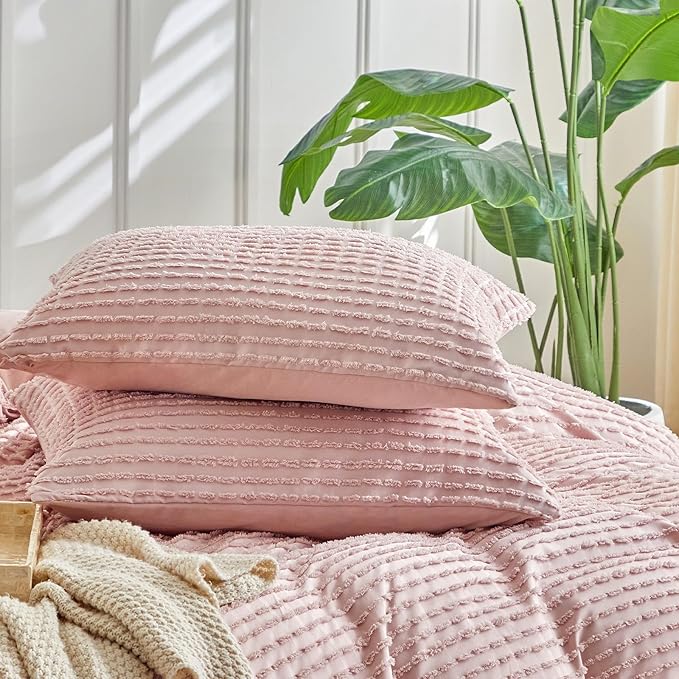 WARMDERN Boho Duvet Cover Set Queen Size, Pink Striped Duvet Cover Microfiber Bedding Set, 3PCS Ultra Soft Breathable Lightweight Tuft Texture Duvet Covers with Zipper Closure(Pink, King)