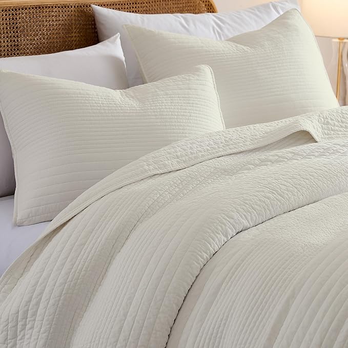 palassio Striped Beige 100% Cotton Quilt Twin Size Bedding Sets, Lightweight Crinkly Channel Pick Stitch Textured Bedspread Soft Shabby Chic Farmhouse Country Coverlet for All Season, 1 Sham