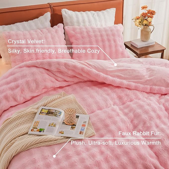 EMME Faux Fur Duvet Cover Queen Size, 3 Pieces Ultra Soft Fluffy Comforter Cover, Cozy Warm for Winter, Luxury Elegant Shaggy Bubble Design Bedding, 1 Duvet Cover & 2 Pillow Shams (Queen, Pink)