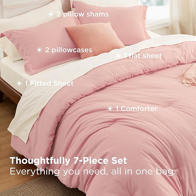 Bedsure Queen Comforter Set - 7 Pieces Pink Queen Bedding Set for All Seasons, Boho Contrasting Design Bed in a Bag with Comforter, Sheets, Pillowcases & Shams