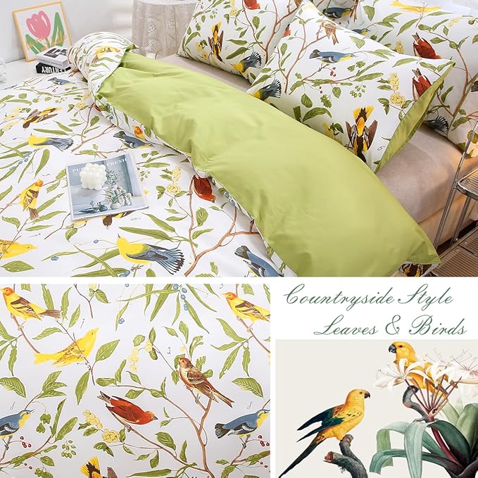 URBONUR 3 Pieces King Size Duvet Cover Set, 100% Cotton Percale Soft Breathable Smooth Comforter Cover Green Leaves & Birds Printed Bedding Set with Button Closure