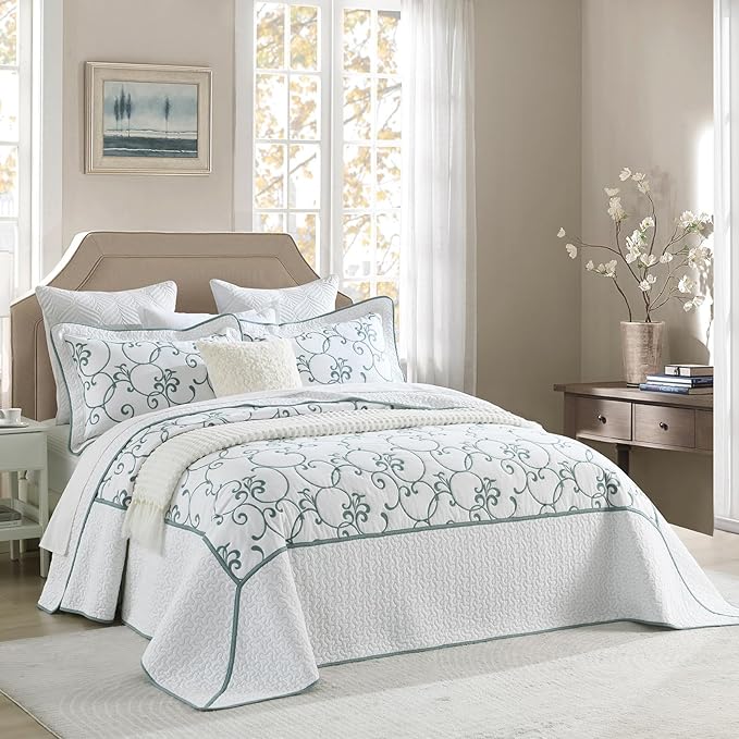 Oversized King Bedspread 120"x120" - 100% Cotton California King Quilt, Embroidered Bedspread Coverlet with Pillow Shams, Lightweight Quilted Bedding Set 3 Piece, Aqua Blue/White