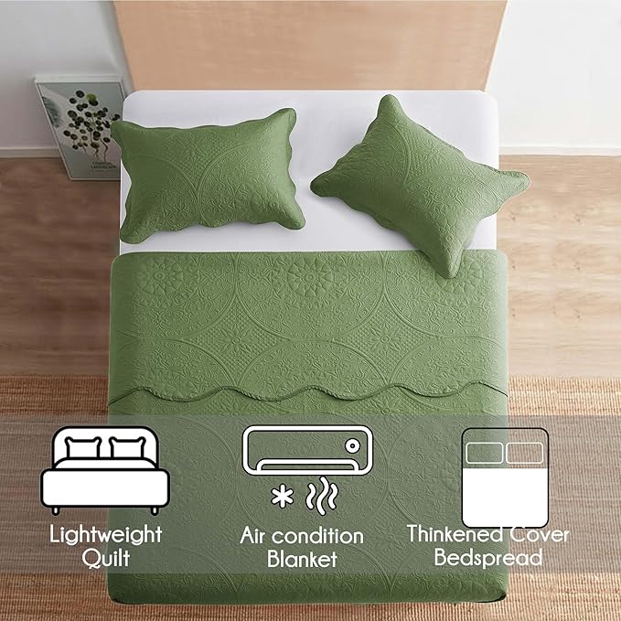 MOONLIGHT20015 Twin Quilt Bedding Set Size (66" x 86 ") + 1 Pillow Sham (20" x 26" + 2") - 2 Pcs All Season Lightweight Reversible Microfiber Coverlet Floral Embossed Bedspread (Olive Green)