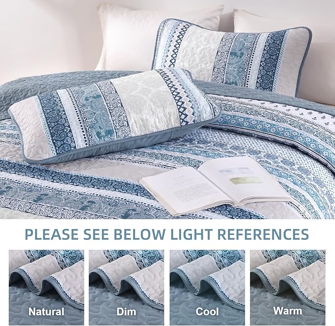 WONGS BEDDING Boho Quilt Set Super King Size, Blue Bohemian 3 Pieces Quilt Sets, Lightweight Bedspread Coverlet Bedding Set for All Season (120"x114")