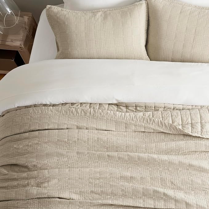 EVERGRACEHOME Stonewashed Cotton Quilt Set Full Queen Size, Ultra Soft Oversized Bedspread Coverlet Set, Lightweight Crinkle Box Stitch Bedding Sets for All Season, with 2 Shams, Flax Beige