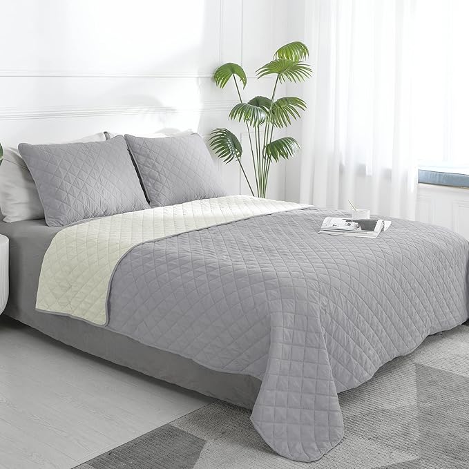 Easy-Going Full/Queen Size Reversible Quilt Set with 1 Quilt and 2 Pillow Shams, Soft Bed Quilt Cover, Water Resistant Lightweight Microfiber Bedspread, Stain Resistant, Light Gray/Ivory