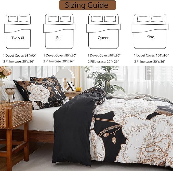 mixinni Floral Duvet Cover King Size, 3 Pieces White Flowers and Gold Leaves Printed on Black Bedding Set, Soft Premium Cotton Reversible Elegant Floral Duvet Cover Set for All Season-King Size