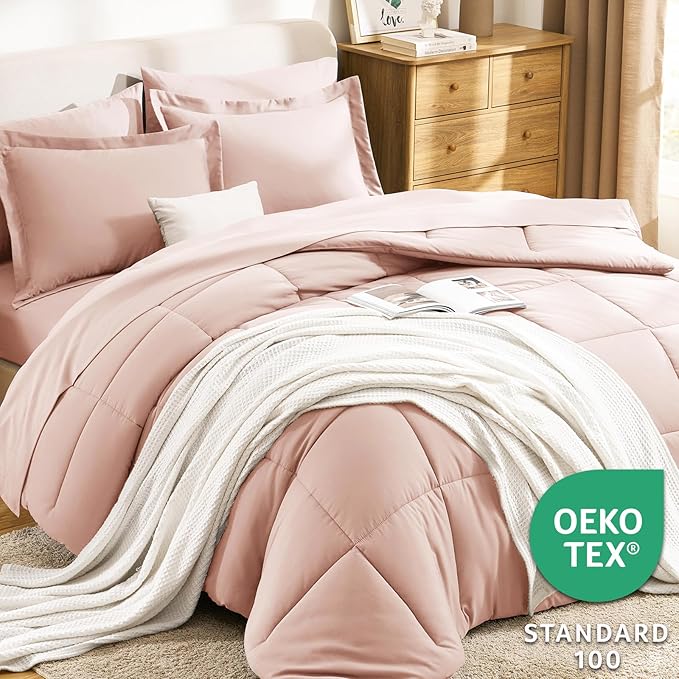 CozyLux Queen Comforter Set Blush Pink - 7 Pieces Bed in a Bag Queen, All Season Breathable Bedding Sets, Oeko-Tex Certified Bed Set with Down Alternative Comforter, Sheets, Pillowcases & Pillow shams