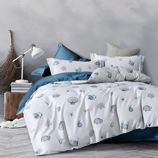 MILDLY 100% Washed Cotton Duvet Cover - Blue Seashell Pattern Comforter Cover Set Nautical Coastal Bedding Set with Zipper Closure 4 Ties King Size