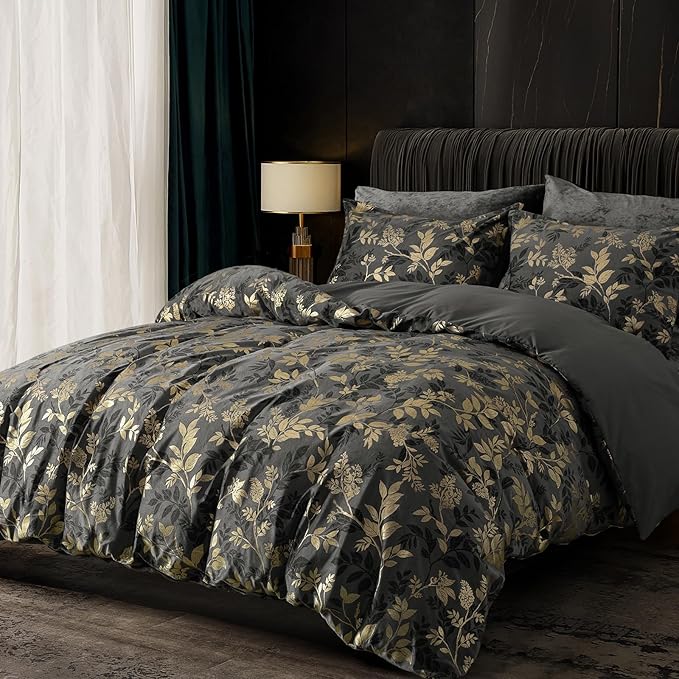 PHF Truly Velvet Duvet Cover Set King Size, 3pcs Leaves Print Ultra Soft Breathable Comforter Cover Set, Luxury Cozy Flannel Duvet Cover with Pillow Shams Bedding Collection, 104" x 90", Grey and Gold