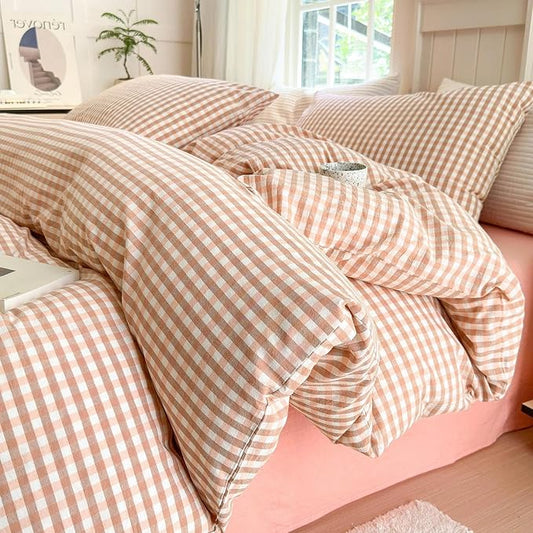 LifeTB Pink Gingham Comforter Set Twin XL Modern Style Pink Plaid Comforter Set Soft Fluffy 3 Pieces Grid Checkered Pattern Comforter with 2 Pillowcases Farmhouse Gingham Bedding Set Twin XL